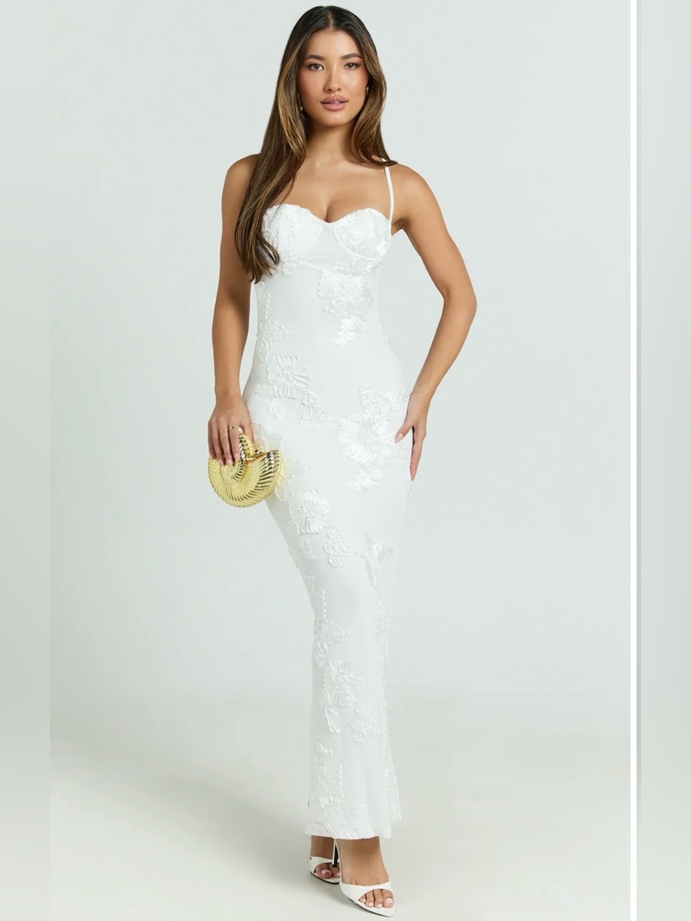Showpo White Embroidered Sweetheart Slip Maxi Dress
